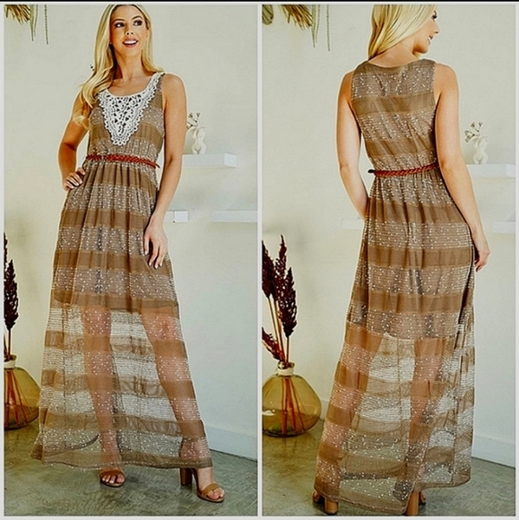 A'reve Striped Sleeveless Maxi Sundress Dress Brown Cream Crocheted Front - Picture 14 of 16